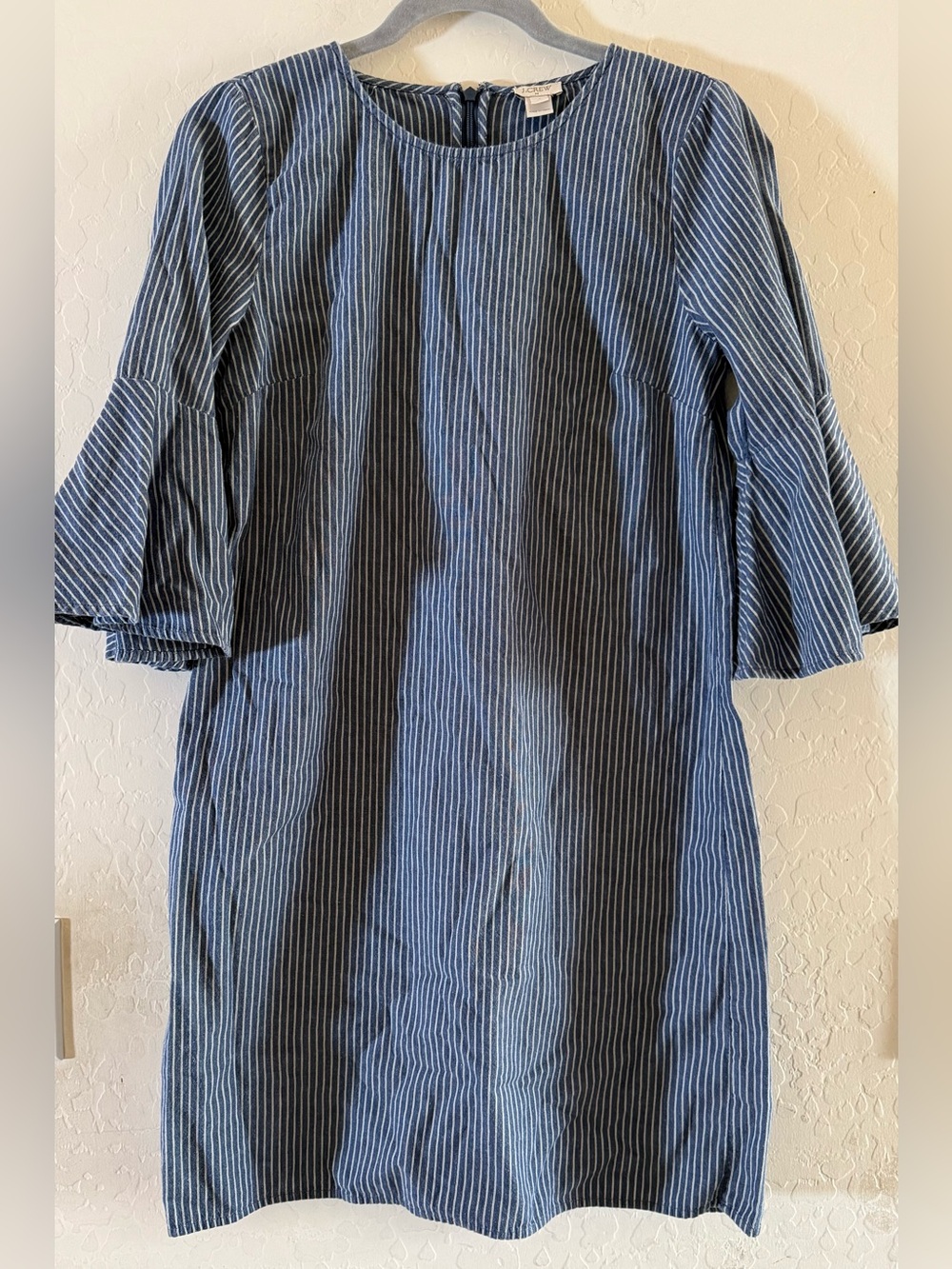 J.Crew, size 4, blue and white striped 100% cotton shift dress with bell sleeves